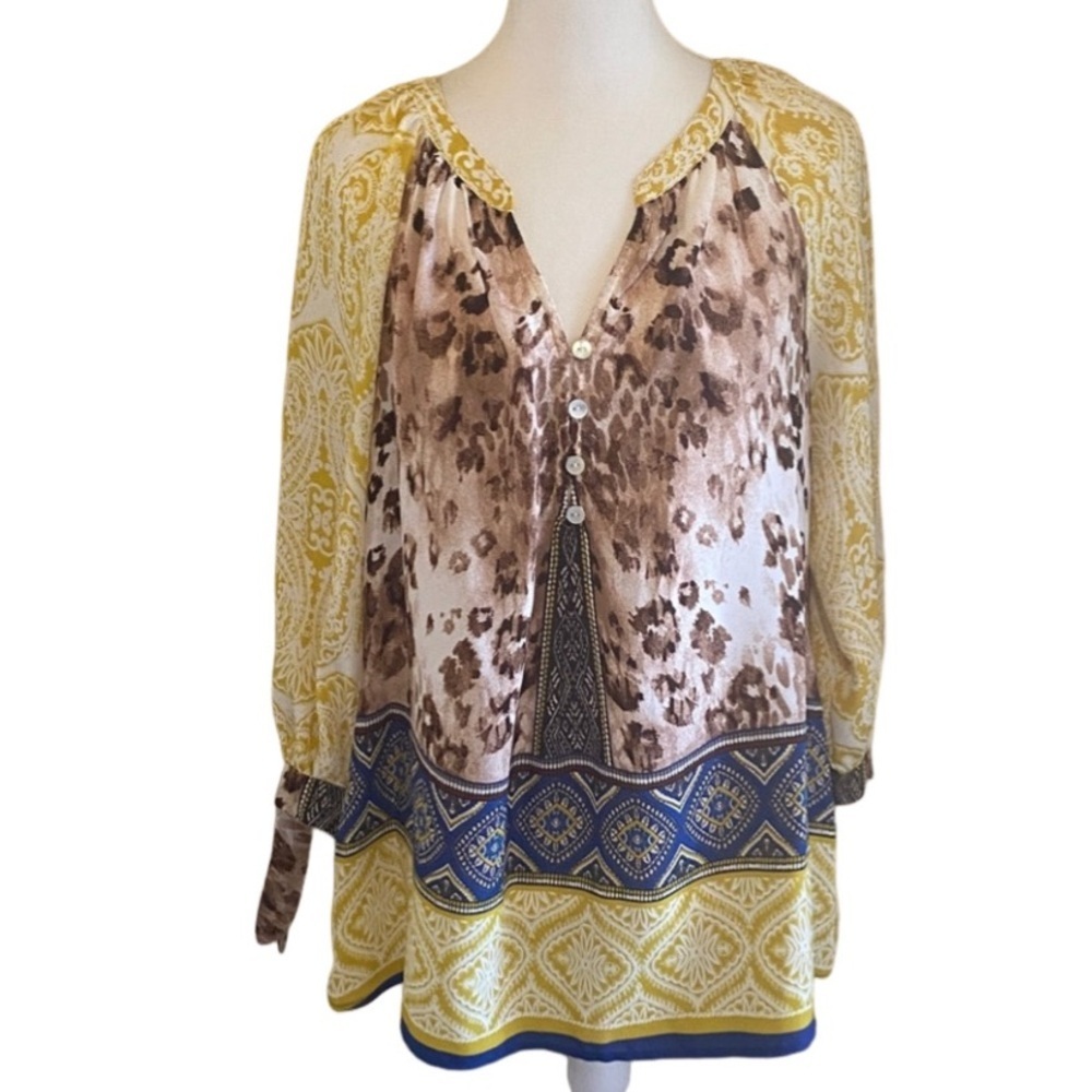 Anthropologie Fig and Flower Yellow, Blue  and Brown 3/4 Sleeve Top. V Neck.